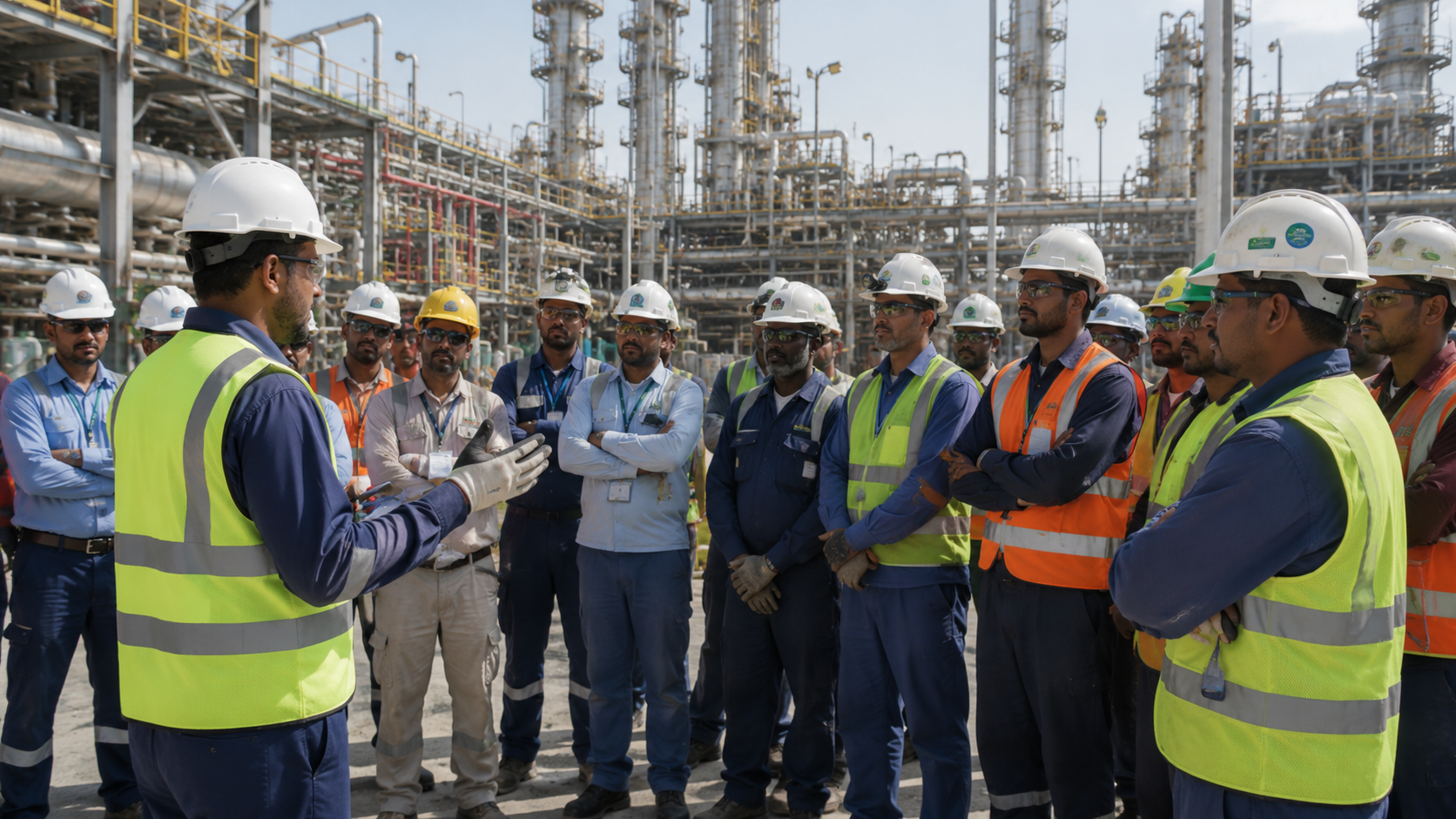 Industrial project team receiving a field briefing
