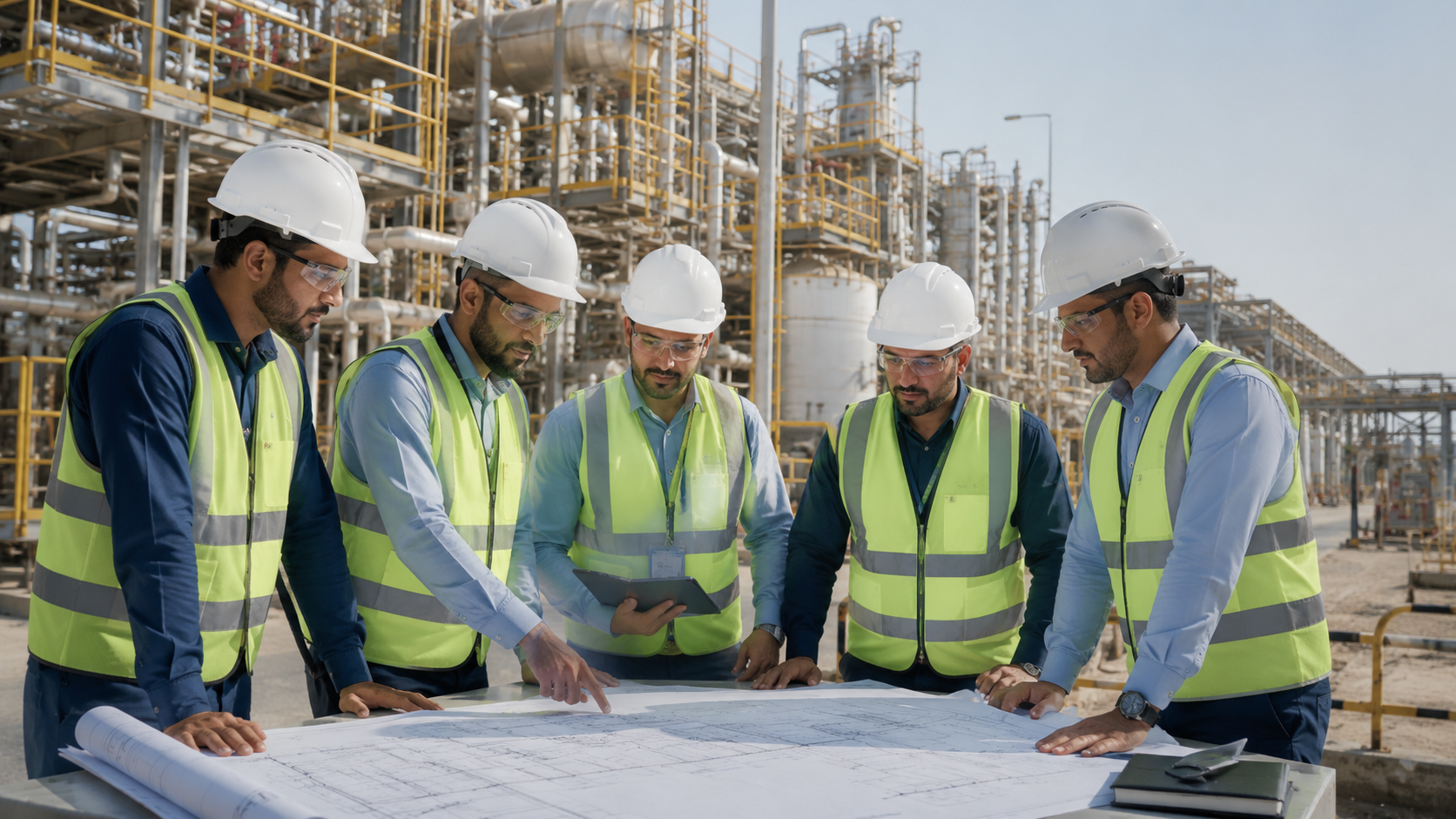 Senior engineers and project coordinators reviewing engineering drawings at an industrial facility