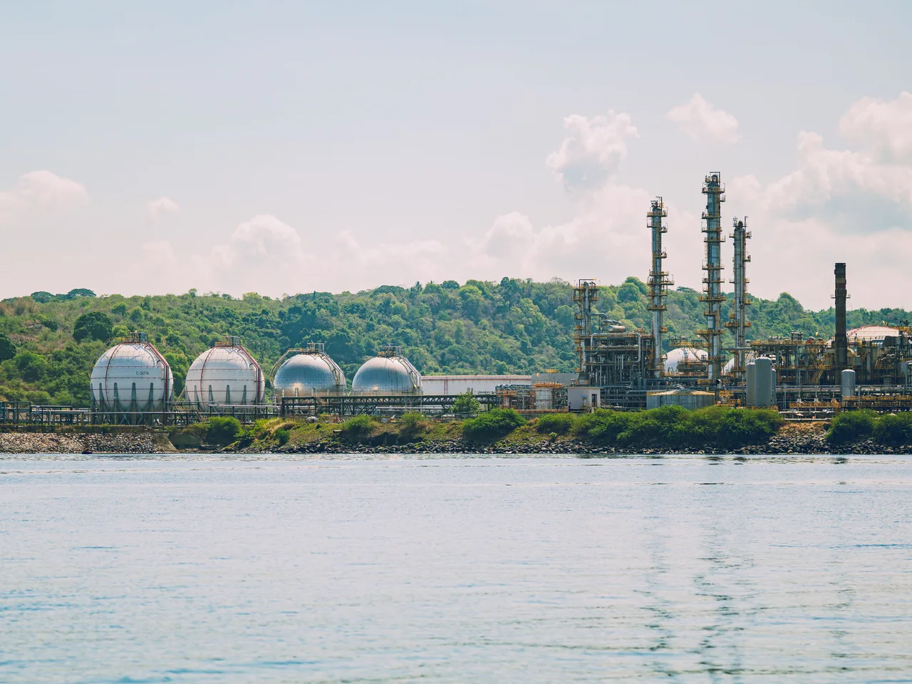 Spherical gas-storage tanks at an industrial gas-processing facility