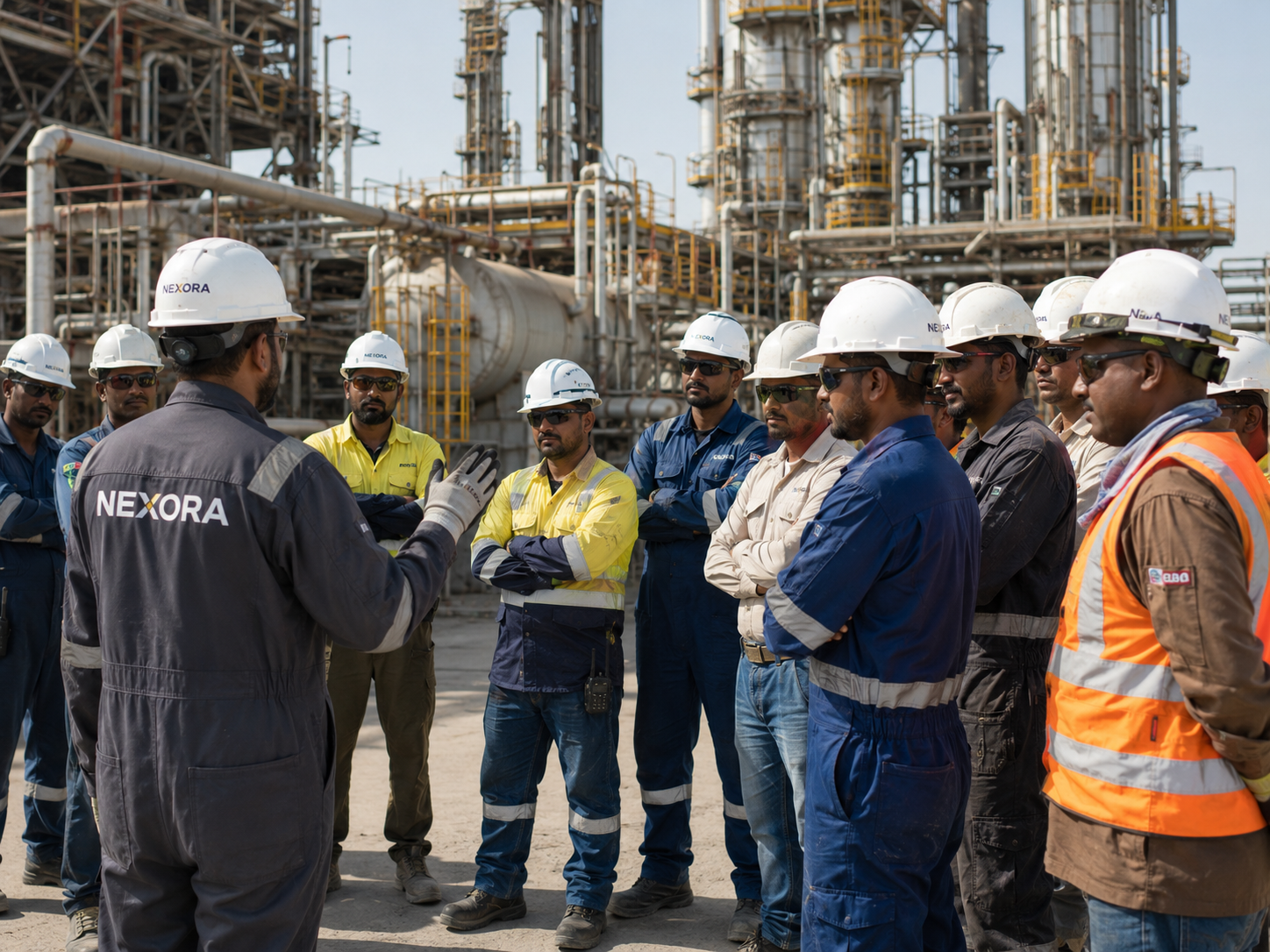 Engineers reviewing plans at an active industrial facility